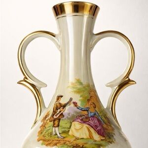 Gold-Trim Porcelain Gold Double-Handled Decorative Vase - Pastel Scene